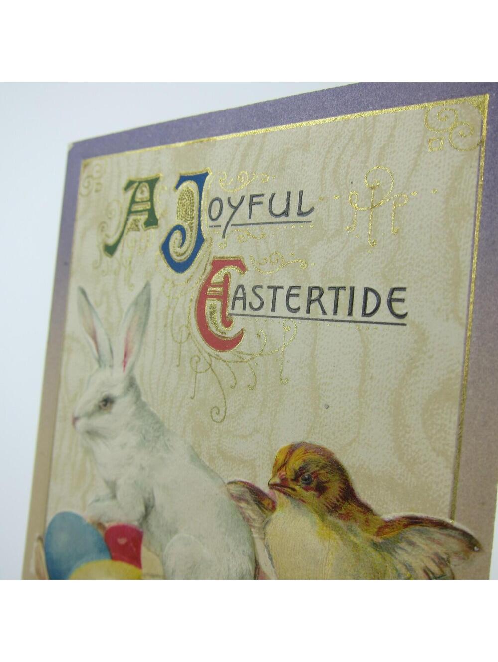 Easter White Rabbit & Chick  Sit on Colored Eggs in Basket Embossed Antique - Picture 13 of 16